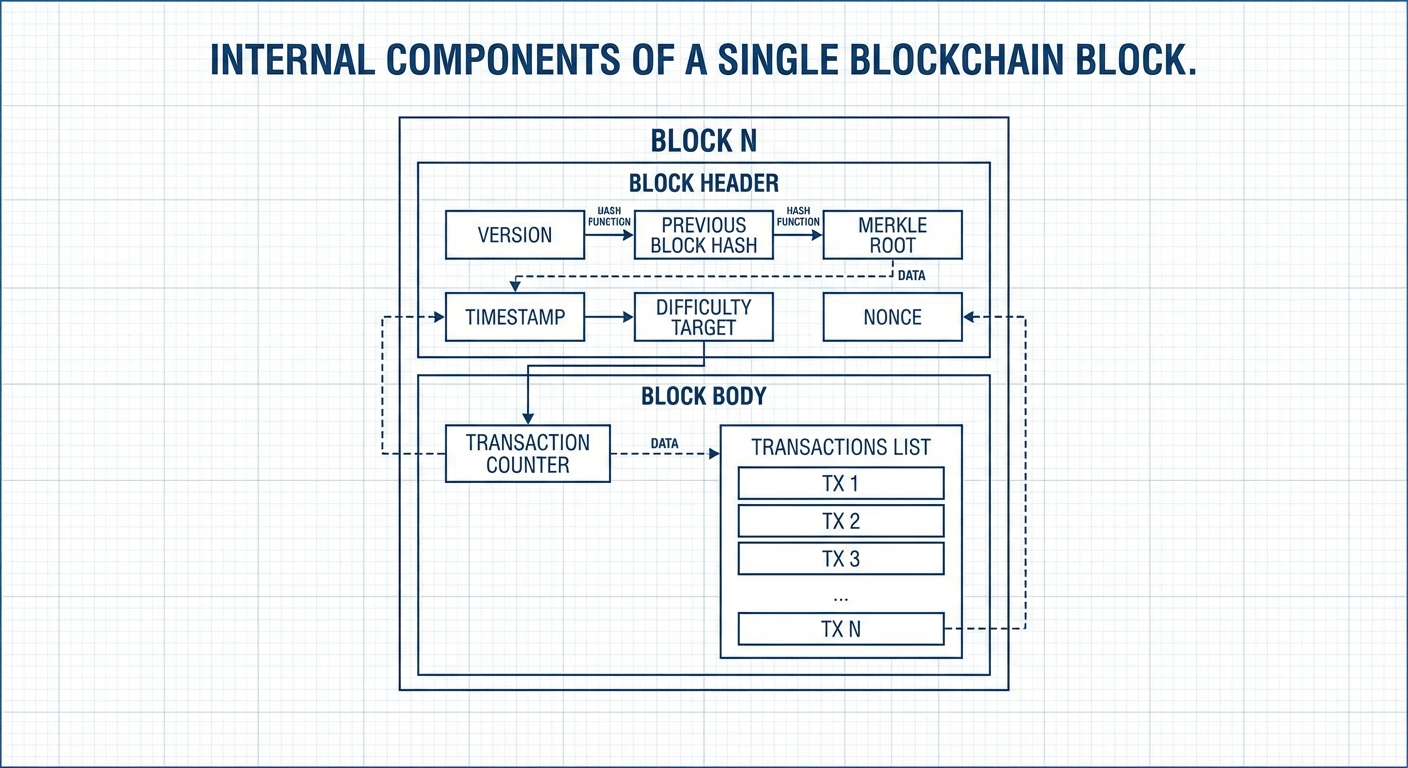 Diagram showing the internal components of a single blockchain block
