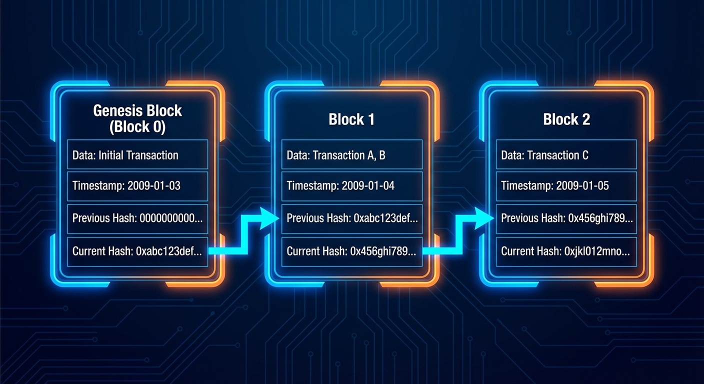 Three blocks linked together, each storing the previous block's hash