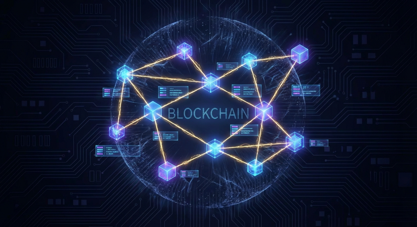 A glowing network of connected nodes representing a blockchain