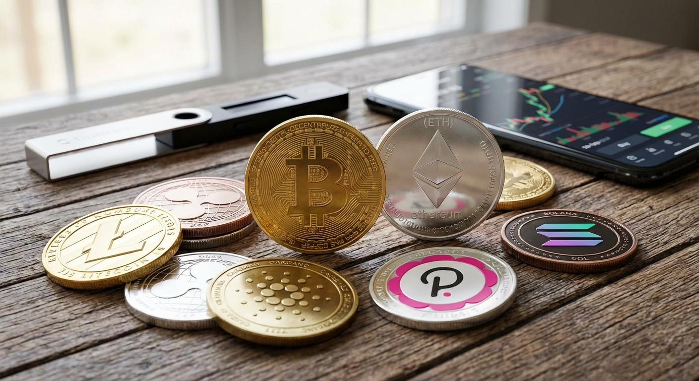 Various cryptocurrency coins including Bitcoin, Ethereum, and others