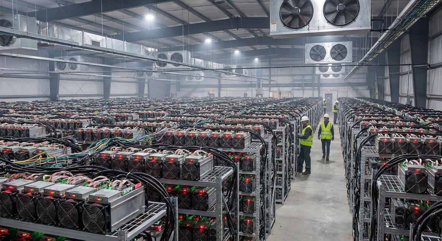 Rows of cryptocurrency mining machines in a large warehouse