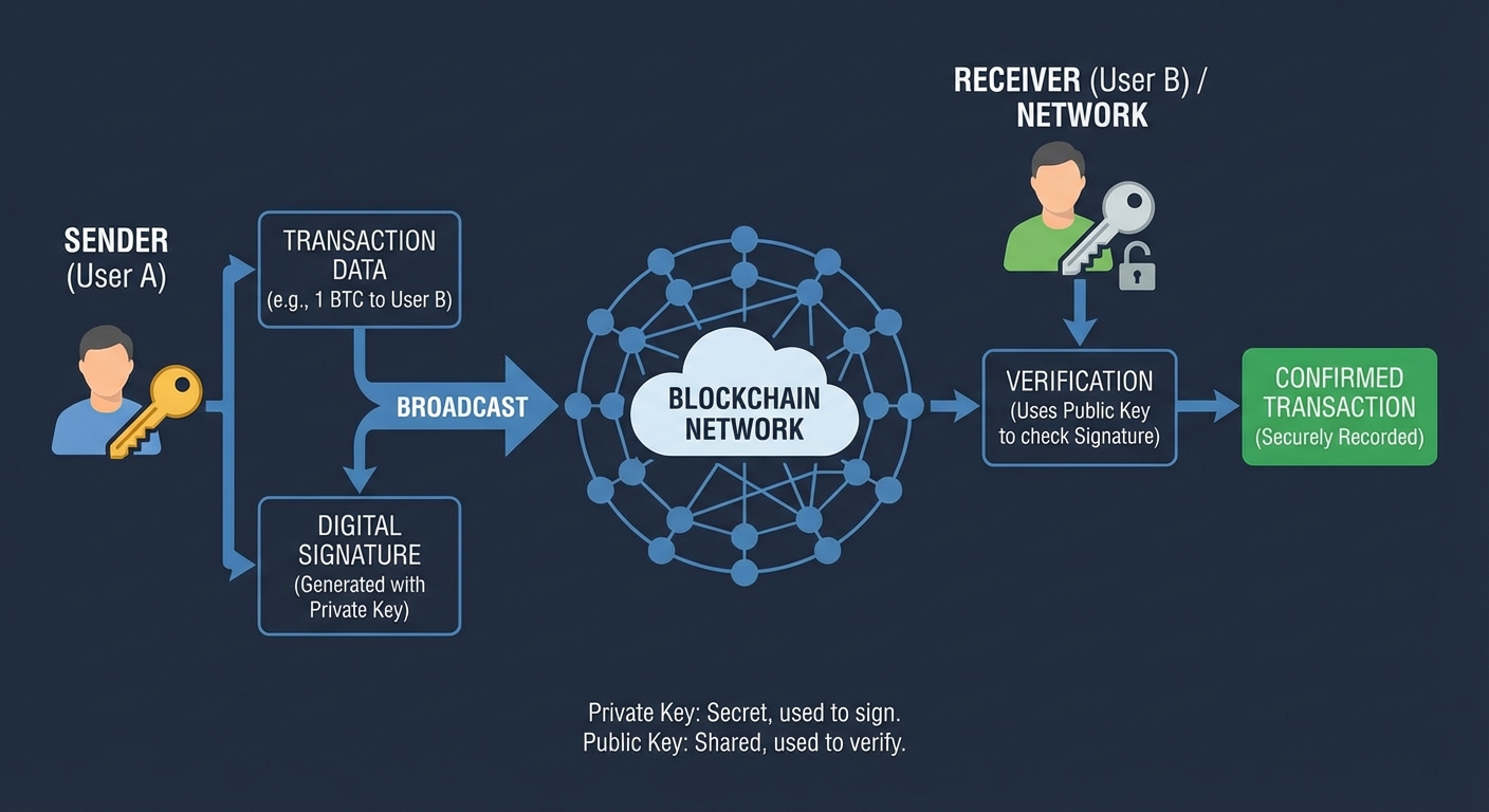 Diagram showing how public and private keys work together to secure transactions