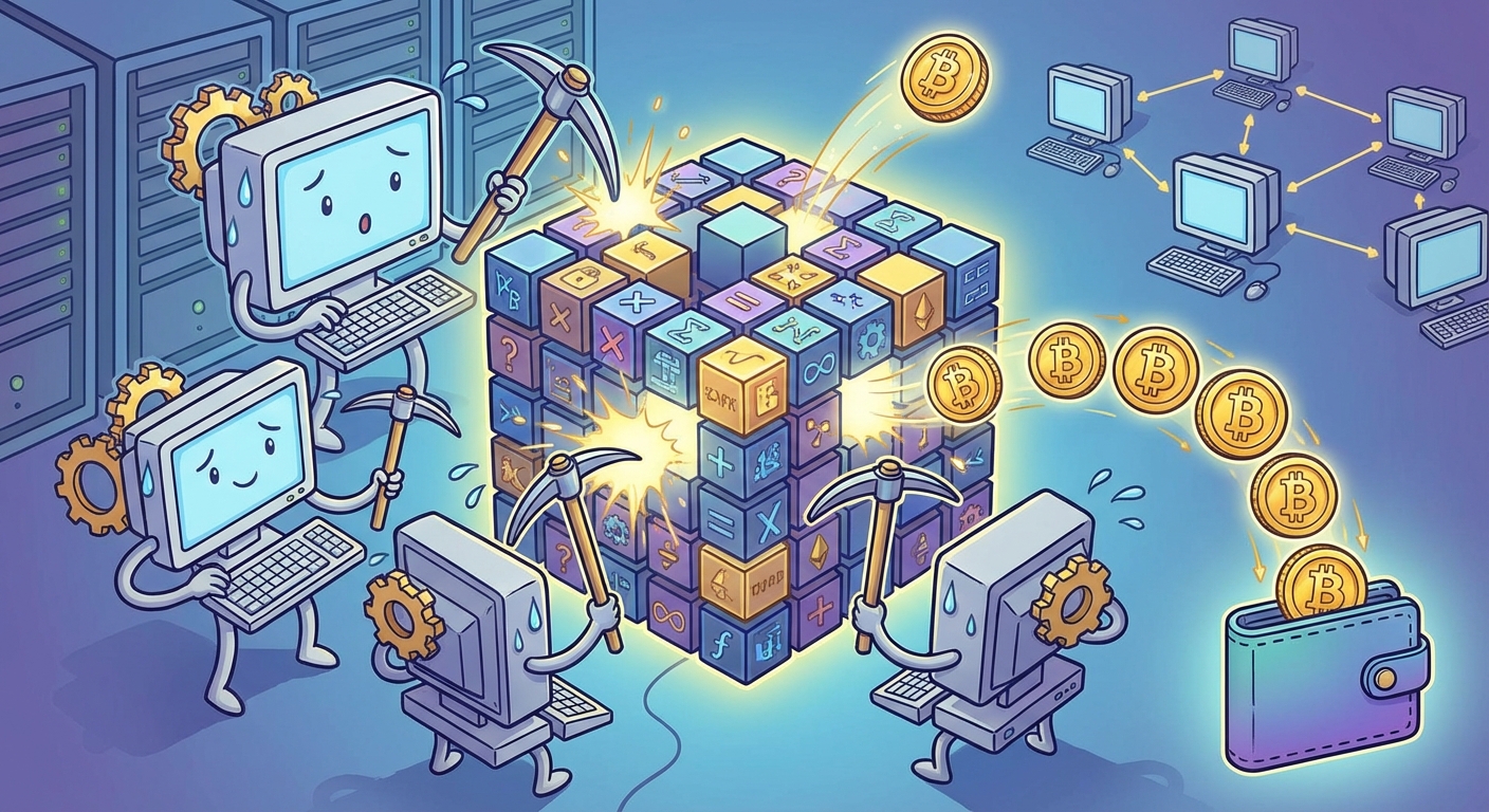 Illustration showing the concept of cryptocurrency mining with computers solving puzzles